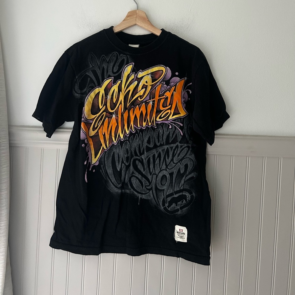 Y2K Ecko Unlimited Men’s Small Black Tee with Orange and Purple Graphics